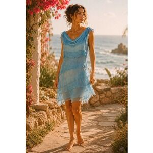 Tempo Paris Silk Chiffon Tiered Ruffle Dress S Blue Marbled Boho Fairy Ethereal
